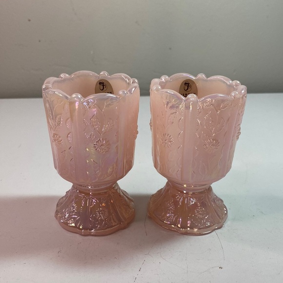 Vintage Rare Fenton Shell Pink Carnival Glass Paneled Daisy Votive Set